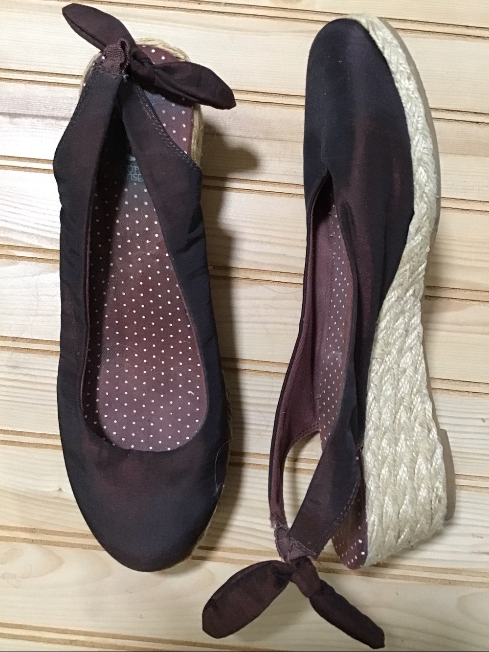 Victoria Spenser Rust Brown Espadrille Wedge Slingback Ribbon Tie Flats 8 1/2